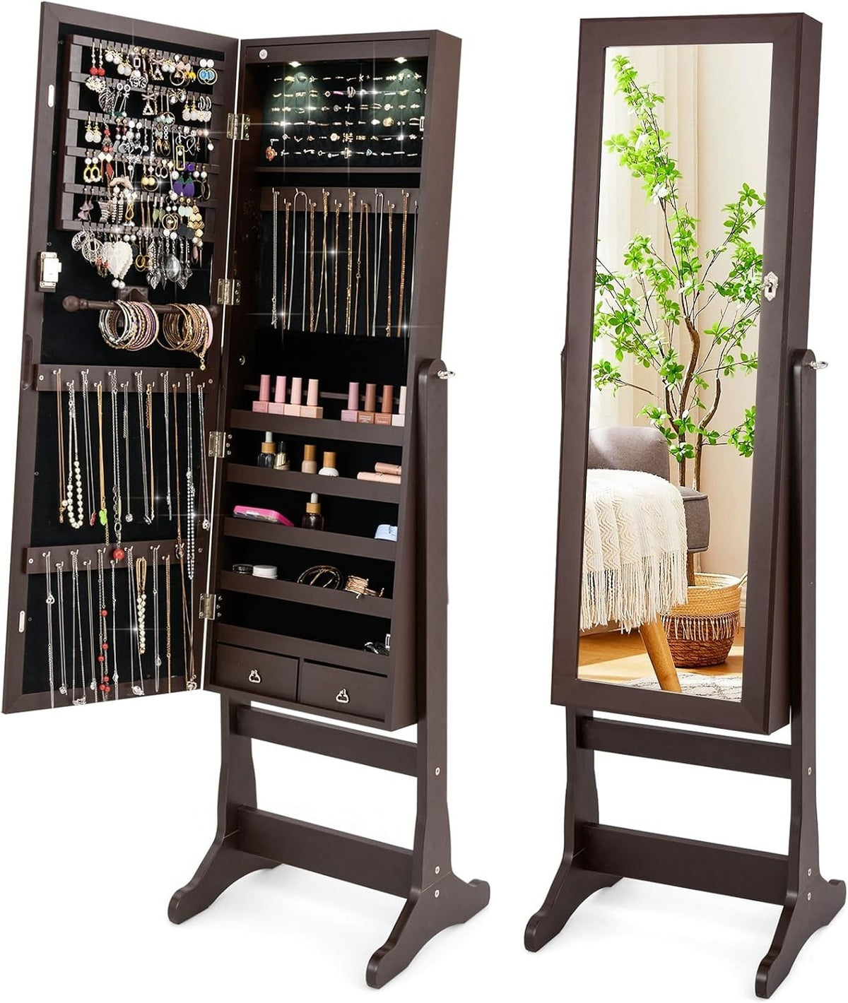 Lockable Jewelry Cabinet Full Length Mirror LED Lighted Storage