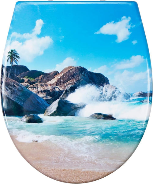 Soft Close Toilet Seat Duroplast Quick Release Top Fix Beach Pattern 45x37cm