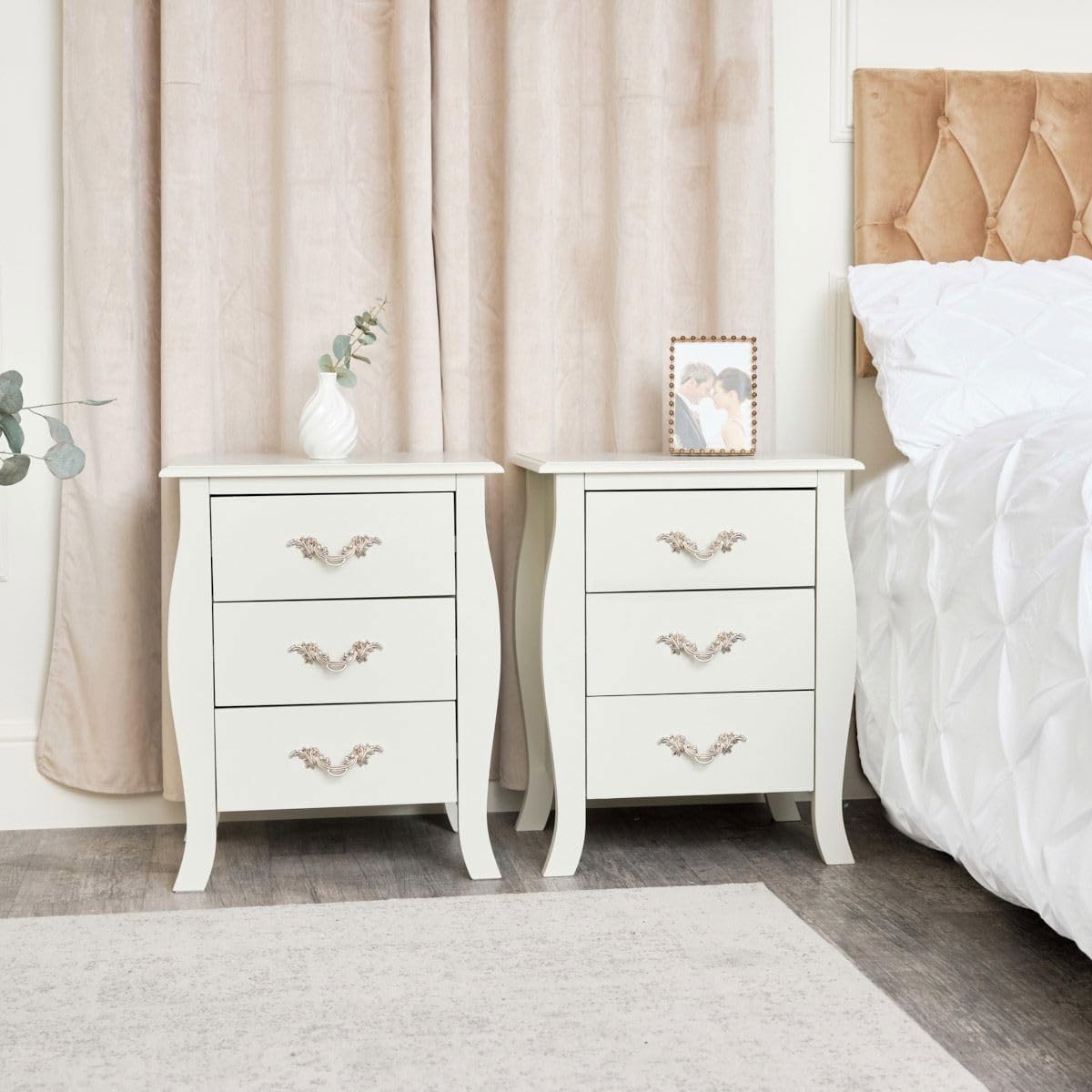 Set of 2 Ivory 3 Drawer Bedside Tables | Elegant Cream Gold Nightstands