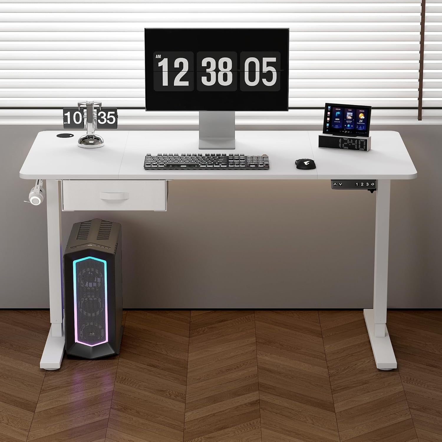 Electric Standing Desk 160x70cm w/Drawer, USB Port & Memory Control White