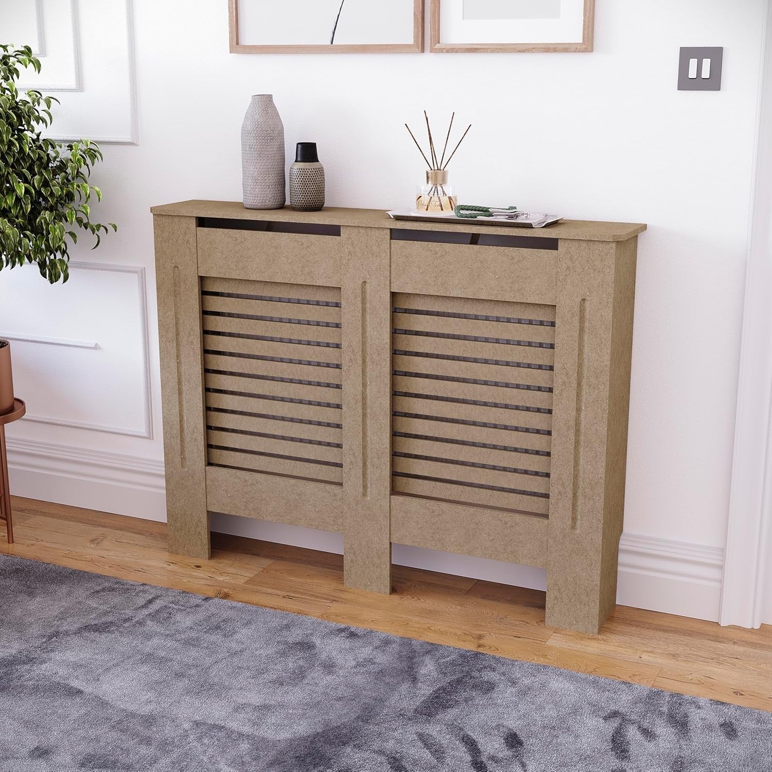 Medium MDF Radiator Cover 111cm Unpainted Slatted Heating Cabinet Modern