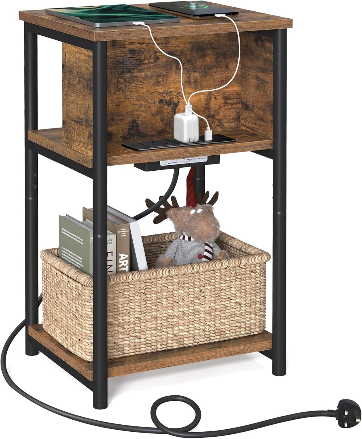 Slim Bedside Table with Charging Station, 2 AC & 2 USB Ports, Drawer & Shelf