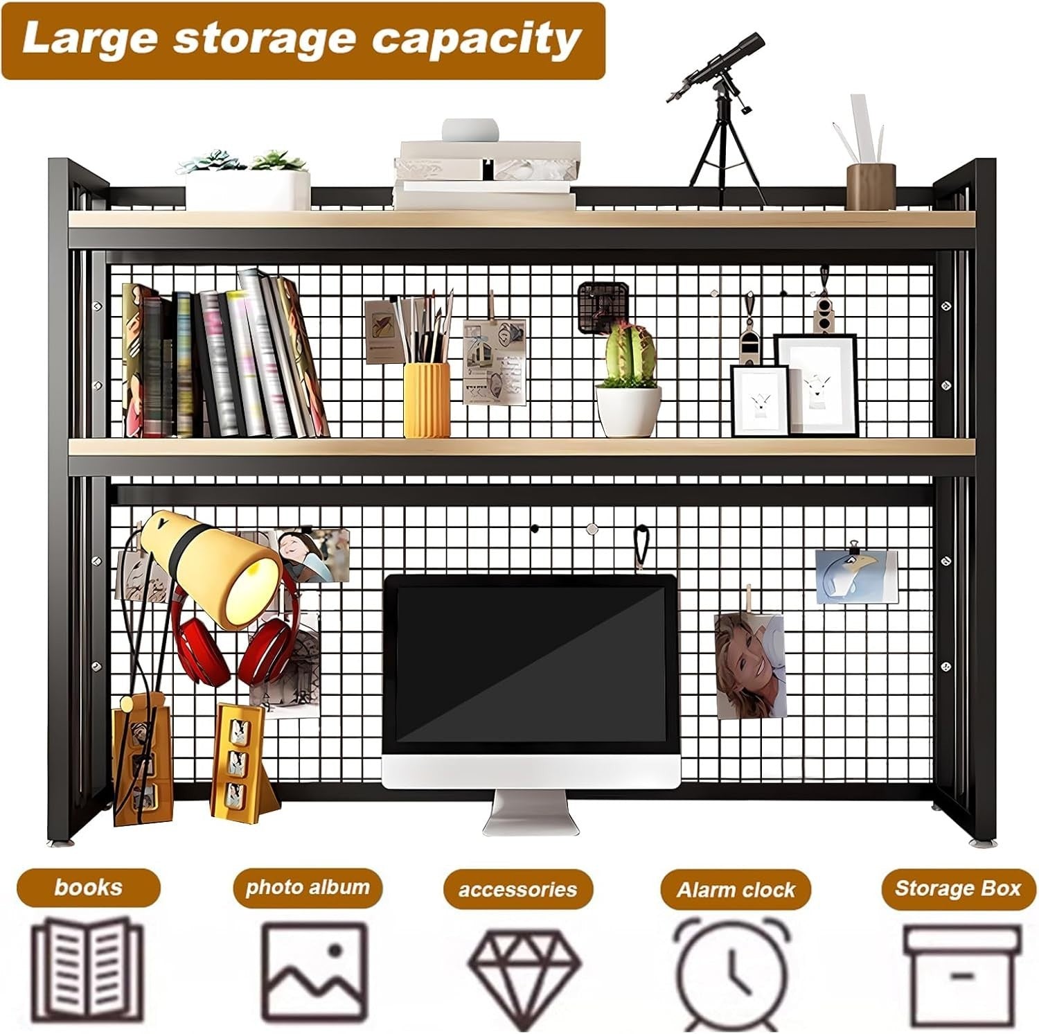 Adjustable 3-Tier Desktop Bookshelf Metal Wood Desk Hutch Storage Organizer 75cm