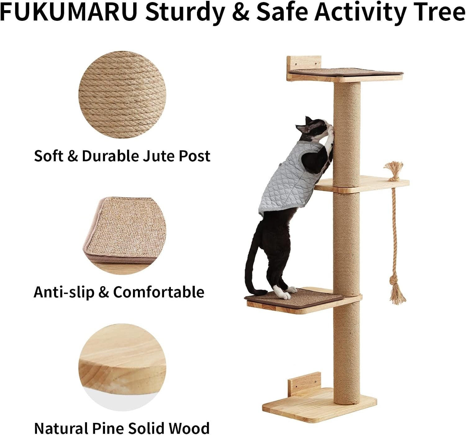 Wall Mounted Cat Scratching Tree 125cm Jute Post Platform Natural Wood