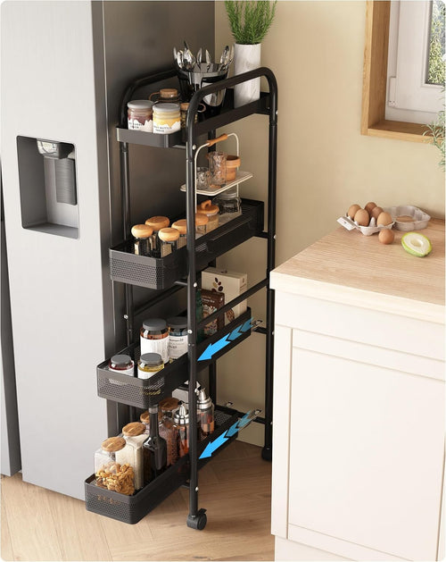 Slim Kitchen Storage Trolley 4 Tier Pull Out Drawers on Wheels Narrow Cart