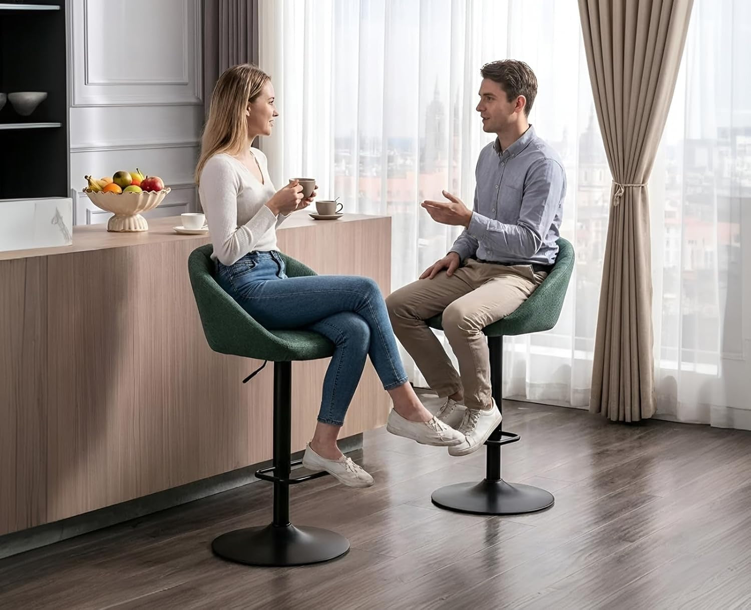 Bar Stools Set of 2 | Green L-Shaped Adjustable Counter Chairs