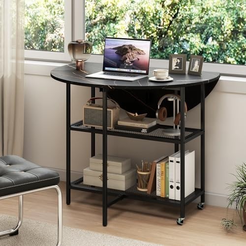 Folding Round Dining Table with Locking Wheels & 2-Tier Shelves Black