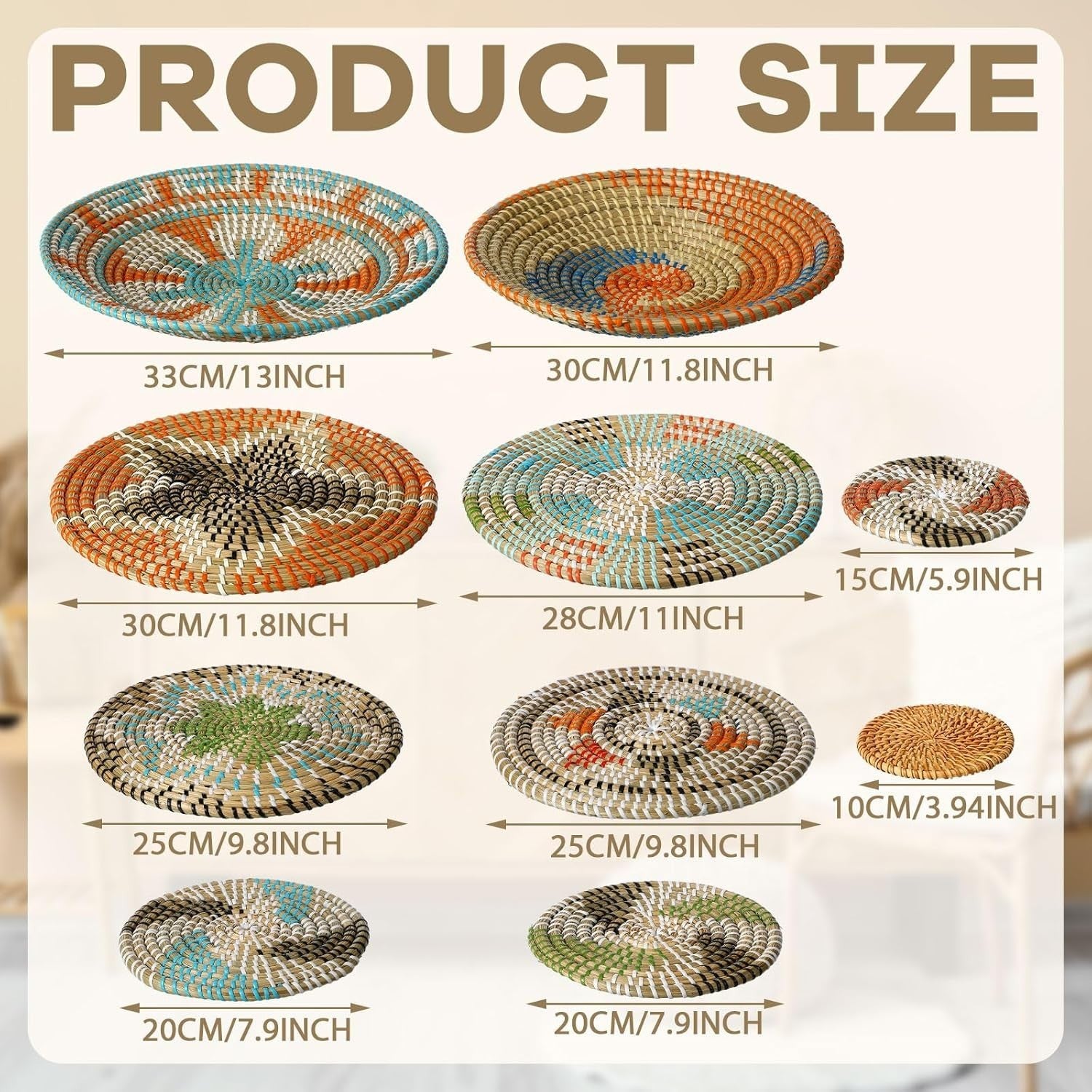11PCS Boho Woven Wall Baskets Round Farmhouse Decor Multi Sizes