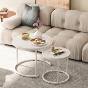 2pcs White Round Nesting Coffee Table Set Wood Metal Frame Living Room Side End