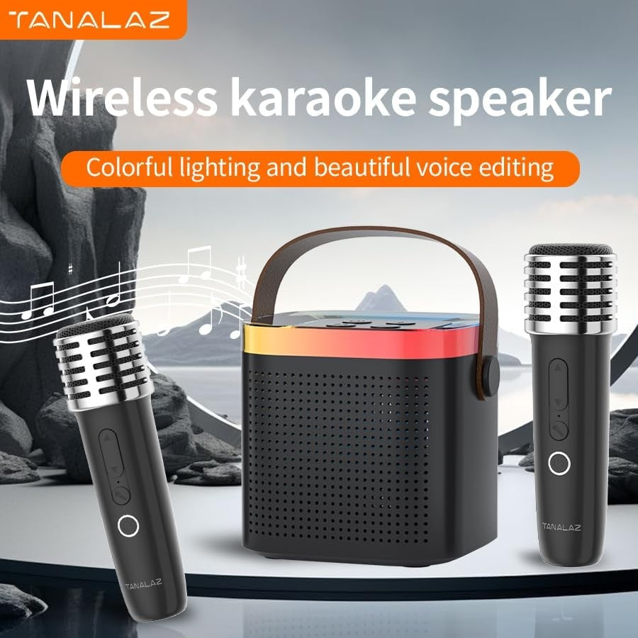 Kids Karaoke Machine 2 Wireless Mics LED Lights Blue Bluetooth