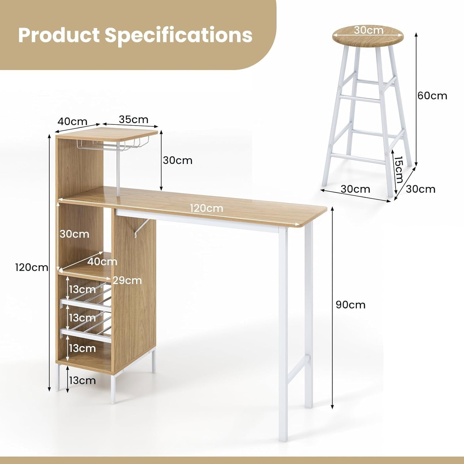 3 Piece Bar Table Set with Wine Racks & Stools, Natural Wood Steel Frame Sets