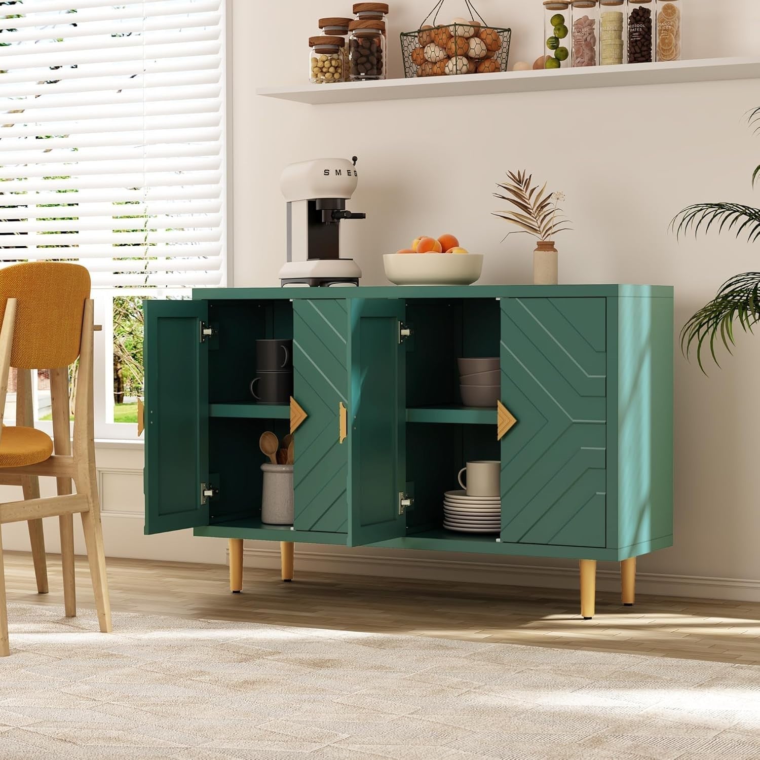 Green Kitchen Sideboard Cabinet 4 Doors Storage Buffet Table with Shelves