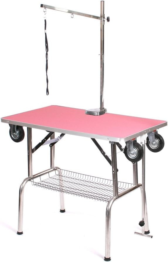 Mobile Dog Grooming Table Stainless Steel with Wheels Adjustable Arm Pink