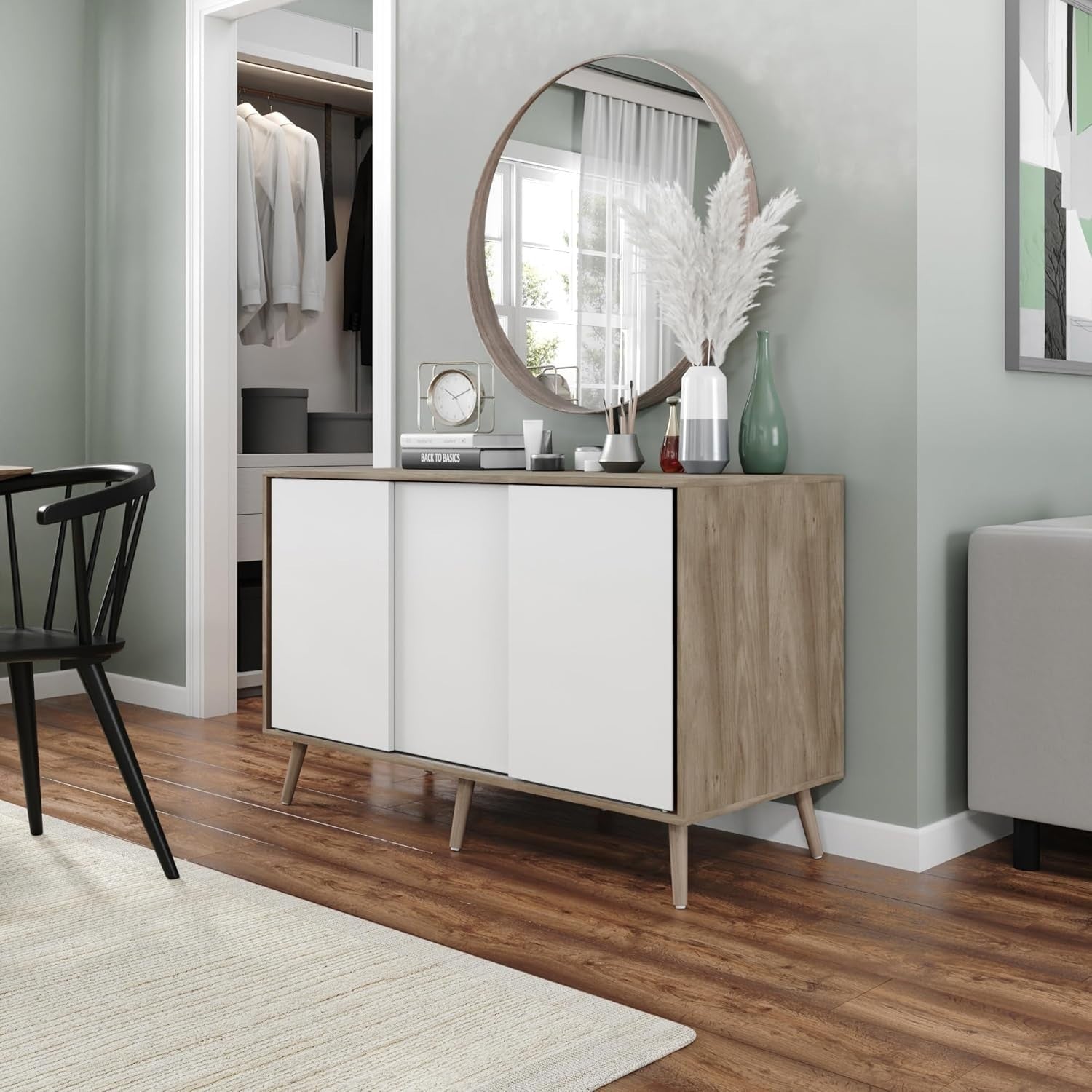 Modern Sideboard Cabinet Oak White | Sliding Doors Storage Unit 3 Door