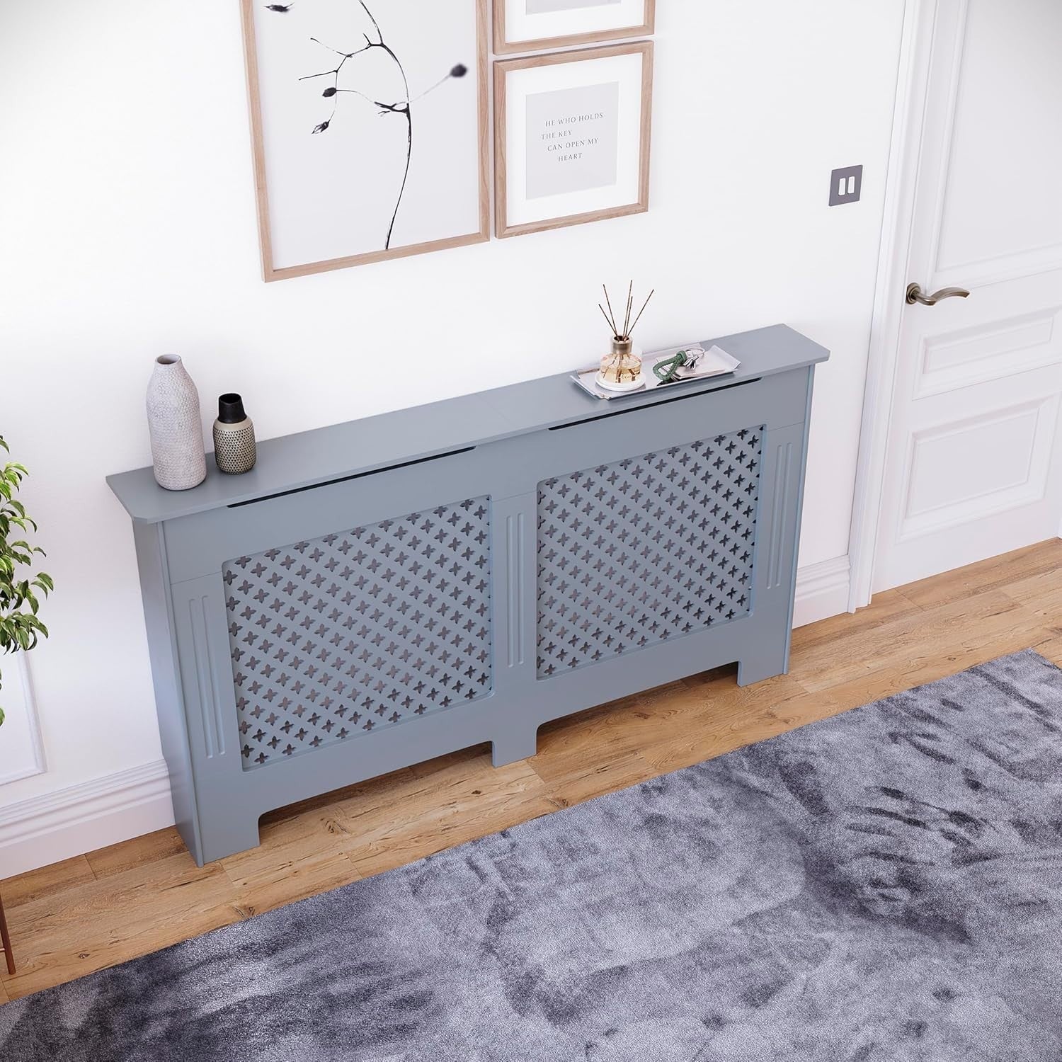 Grey Radiator Cover Large Modern Cross Design MDF Painted Heat Efficient