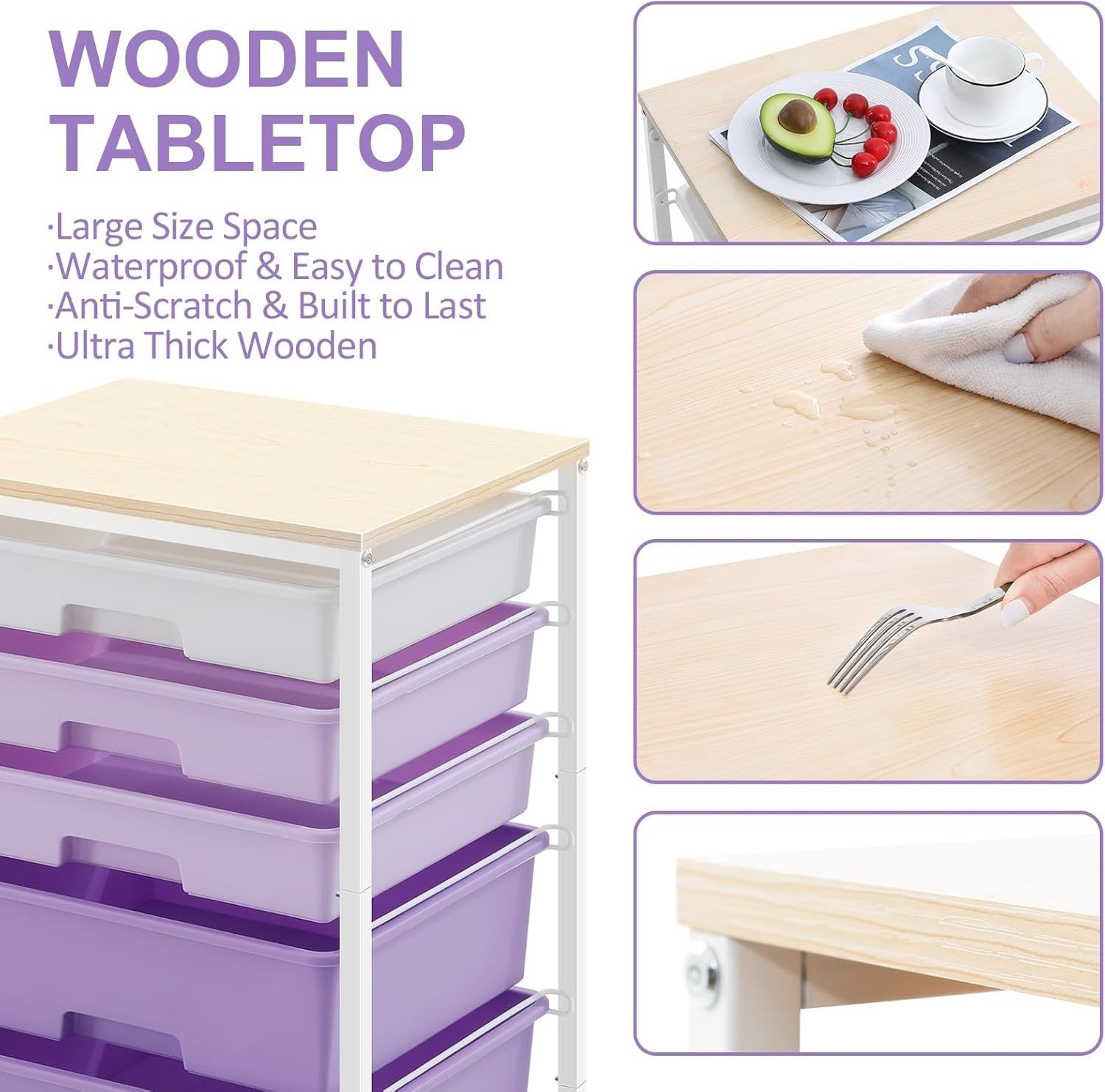 5 Drawer Mobile Storage Trolley Rolling Organizer Cart Purple Wheels