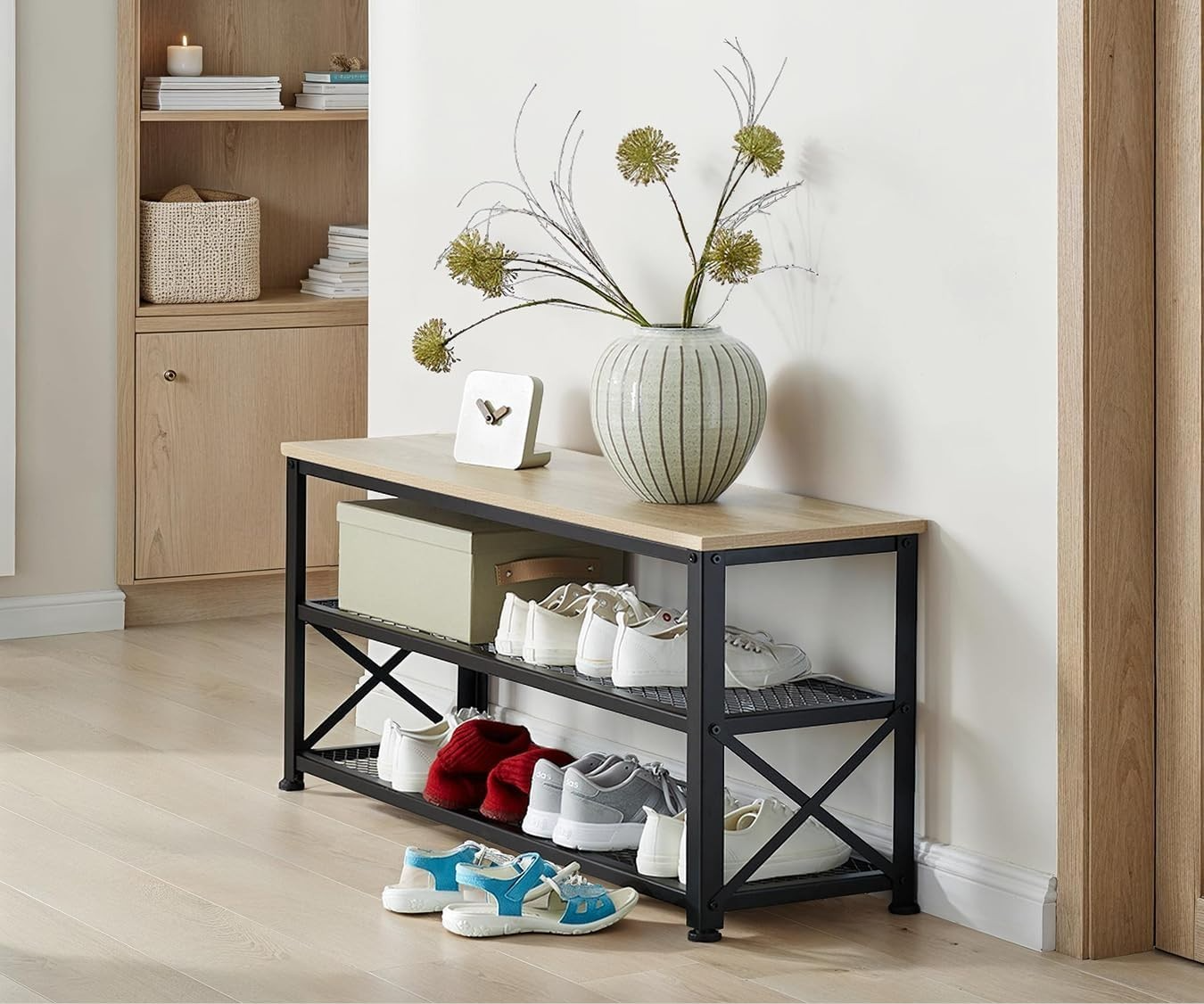 Space-Saving 3-Tier Shoe Rack with Wood-Look Shelf & Sturdy Steel Frame