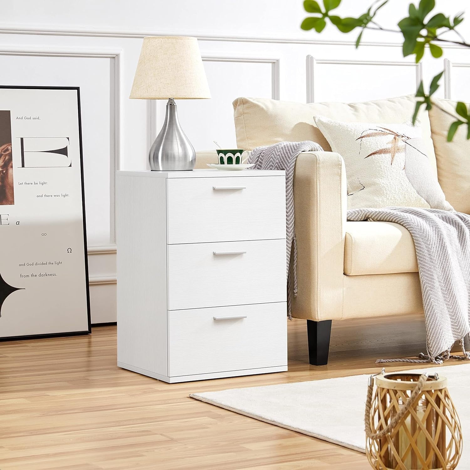 Set of 2 White Bedside Tables with 3 Drawers Modern Bedroom Nightstands