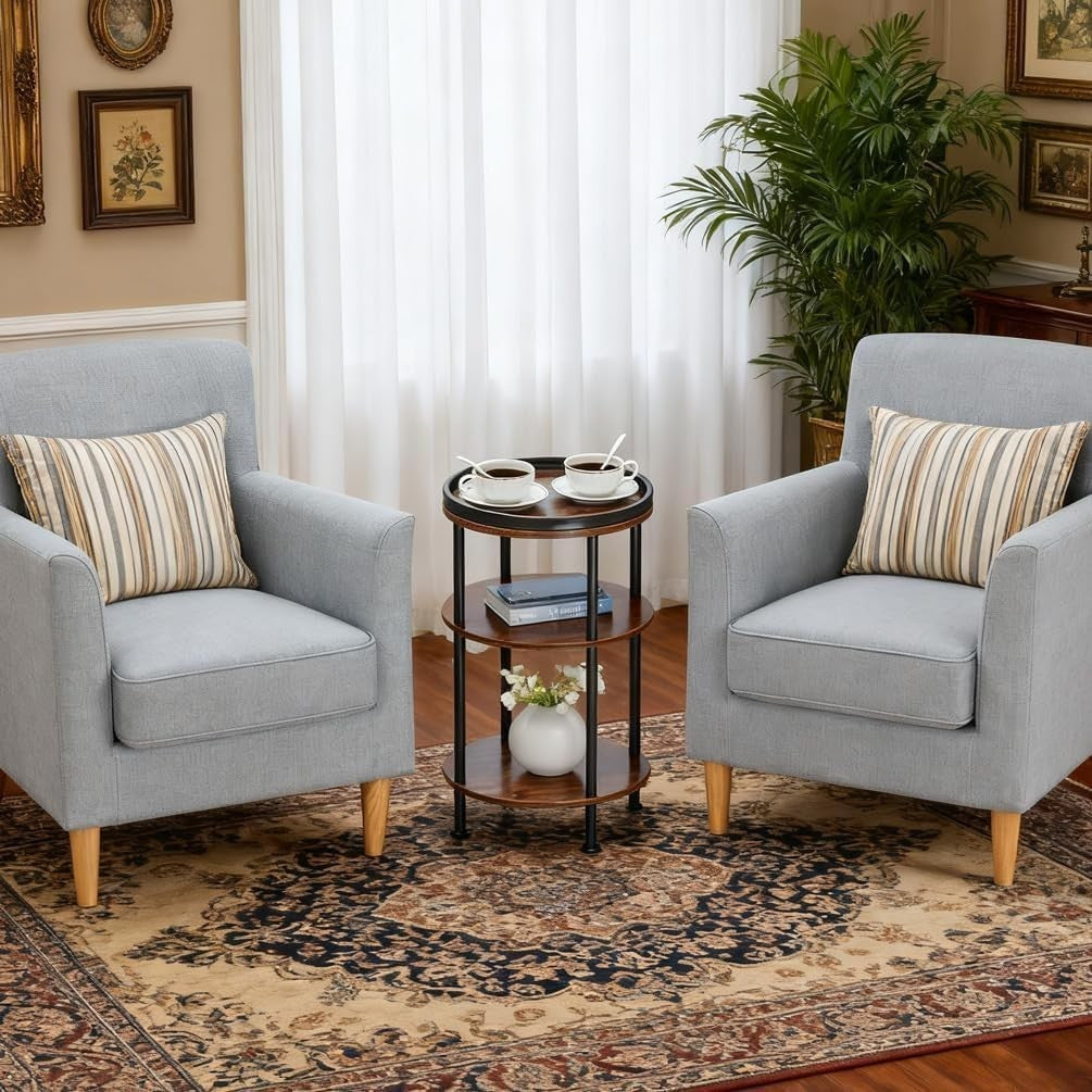 3 Tier Round Side Table with Storage Shelf Metal Frame Small Space Brown 30x55.