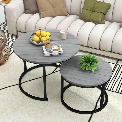 Round Nesting Coffee Table Set Grey Engineered Wood Steel Frame Space Saver