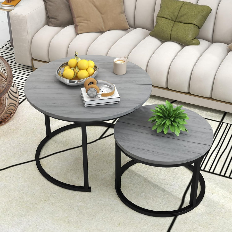 Round Nesting Coffee Table Set Grey Engineered Wood Steel Frame Space Saver