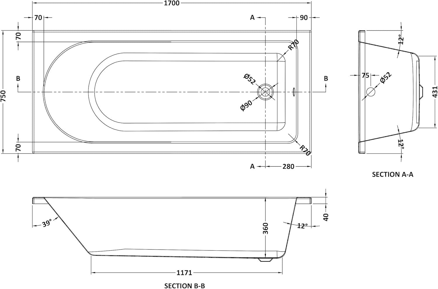1700x750mm Round Single Ended Shower Bath Gloss White Acrylic Tub