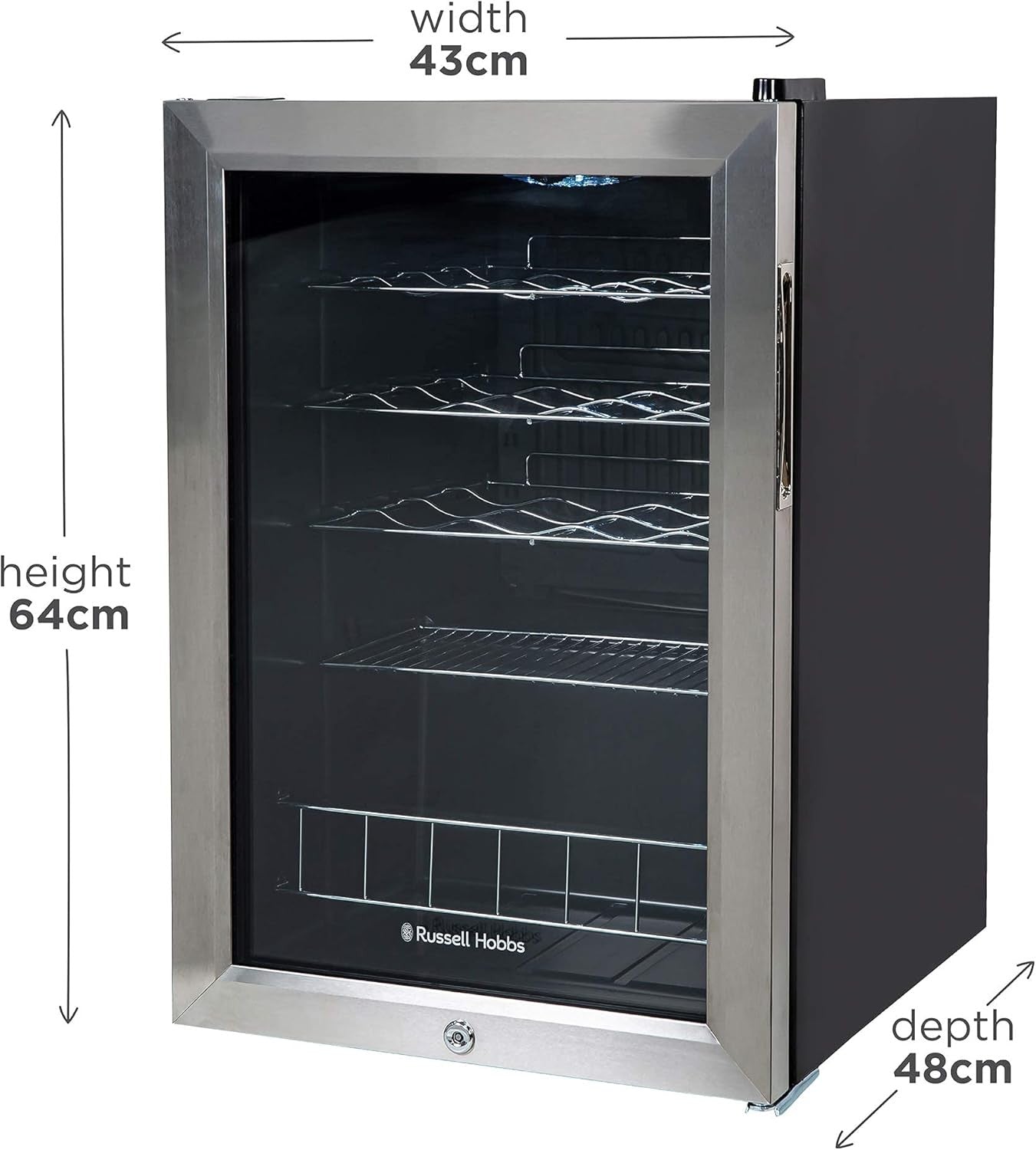 Lockable Mini Drinks Fridge Glass Door LED Beer Wine Cooler 62L Stainless