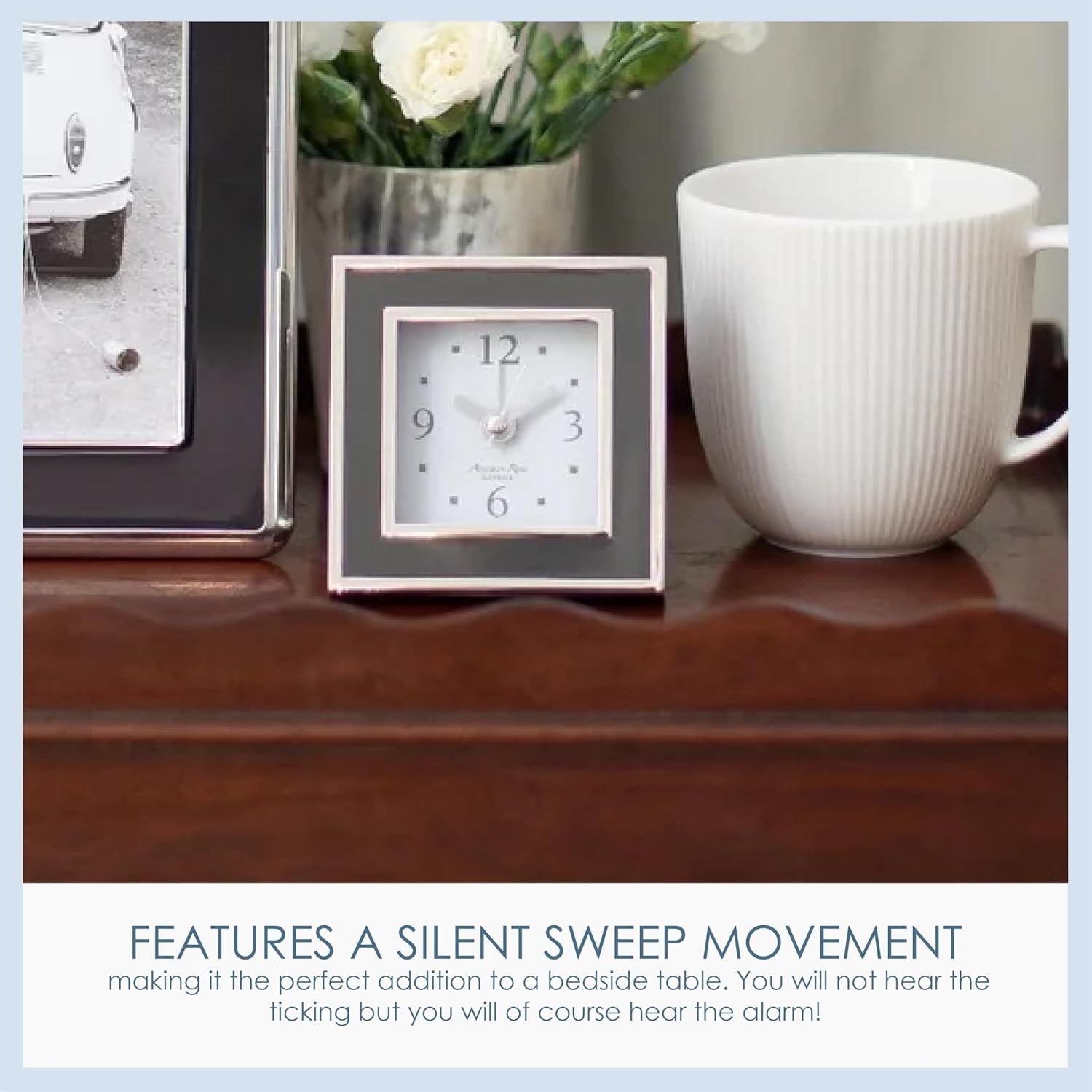 Silent Sweep Square Bedside Alarm Clock Luxury Compact Taupe Enamel