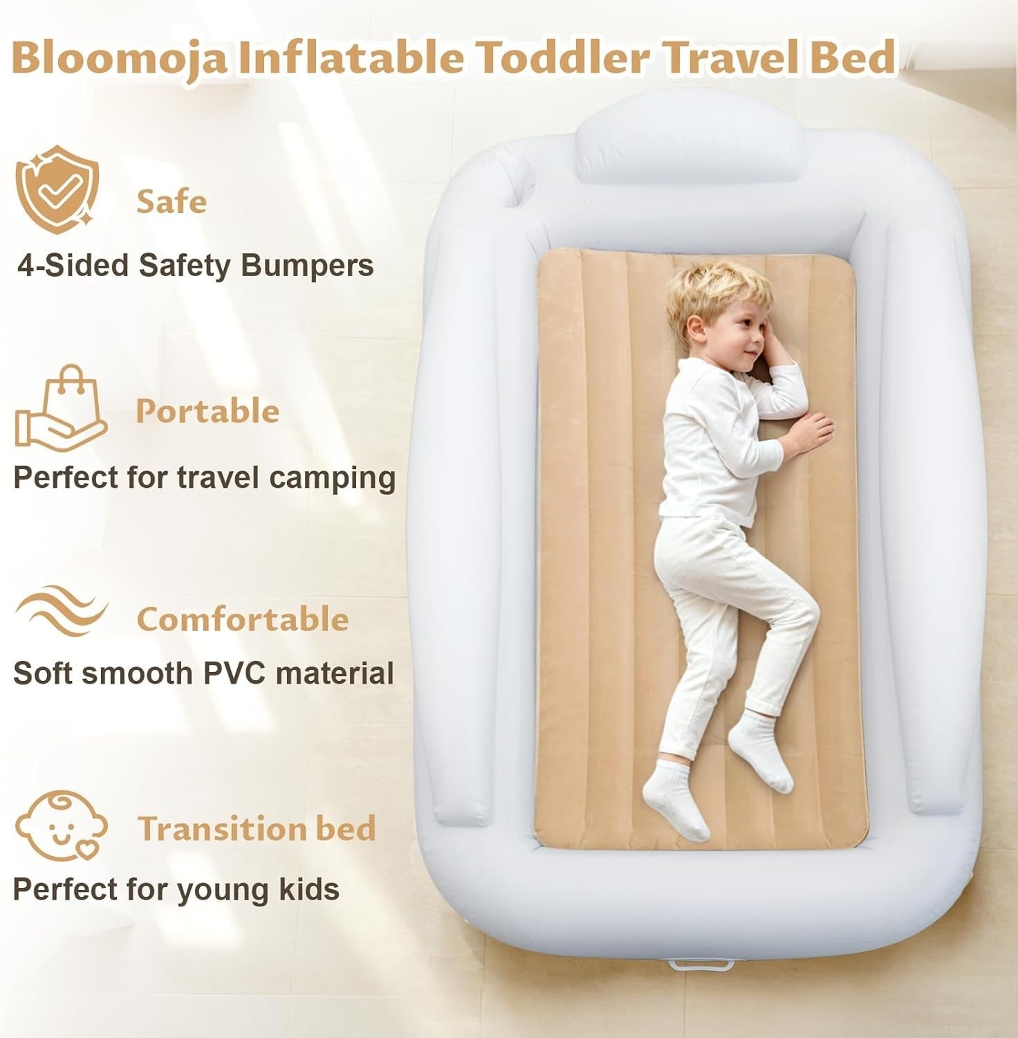 Inflatable Toddler Travel Bed with 4-Sided Safety Bumpers, 63" Portable