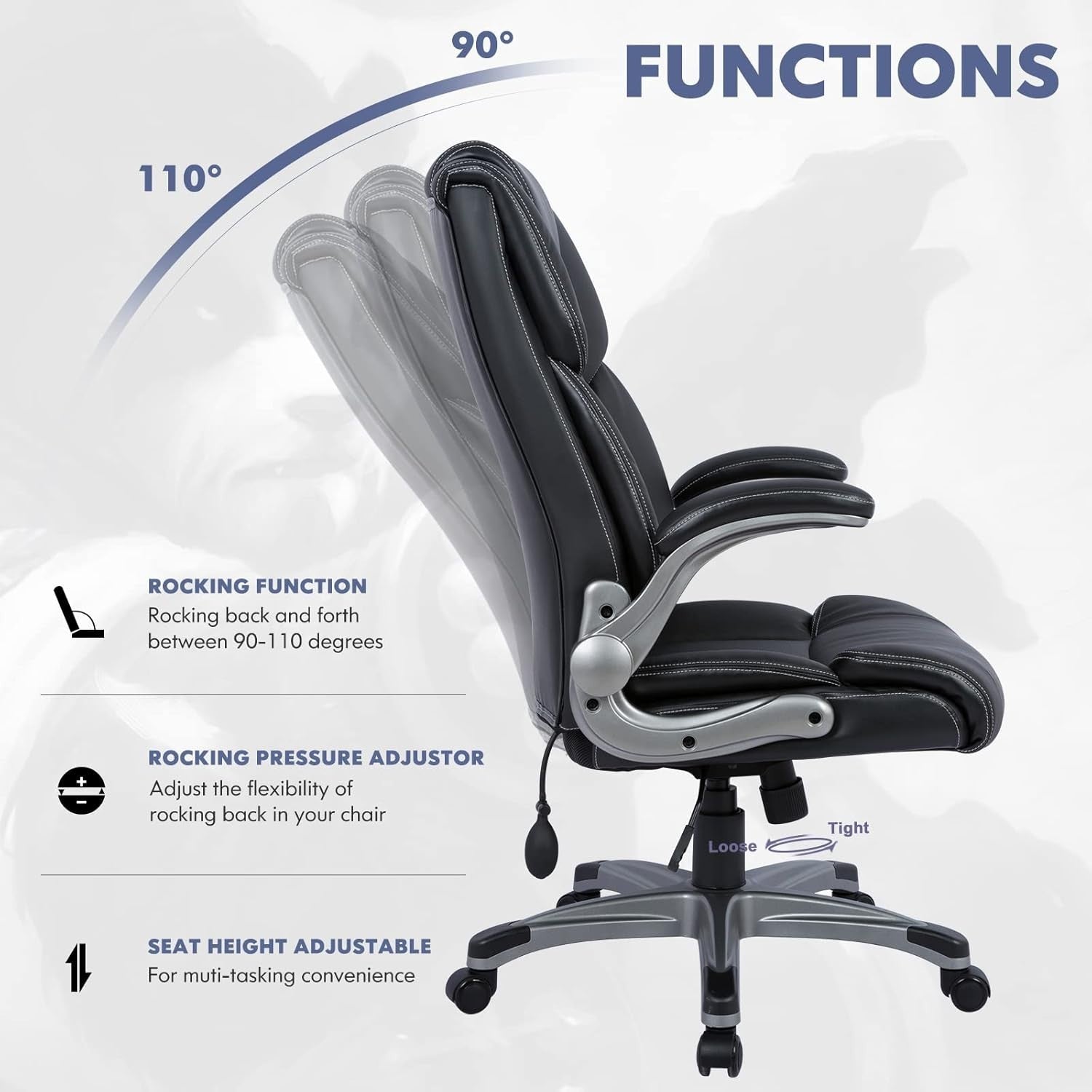 Office Chair Black Executive Desk Seat Memory Foam Lumbar Support Flip Up Arms