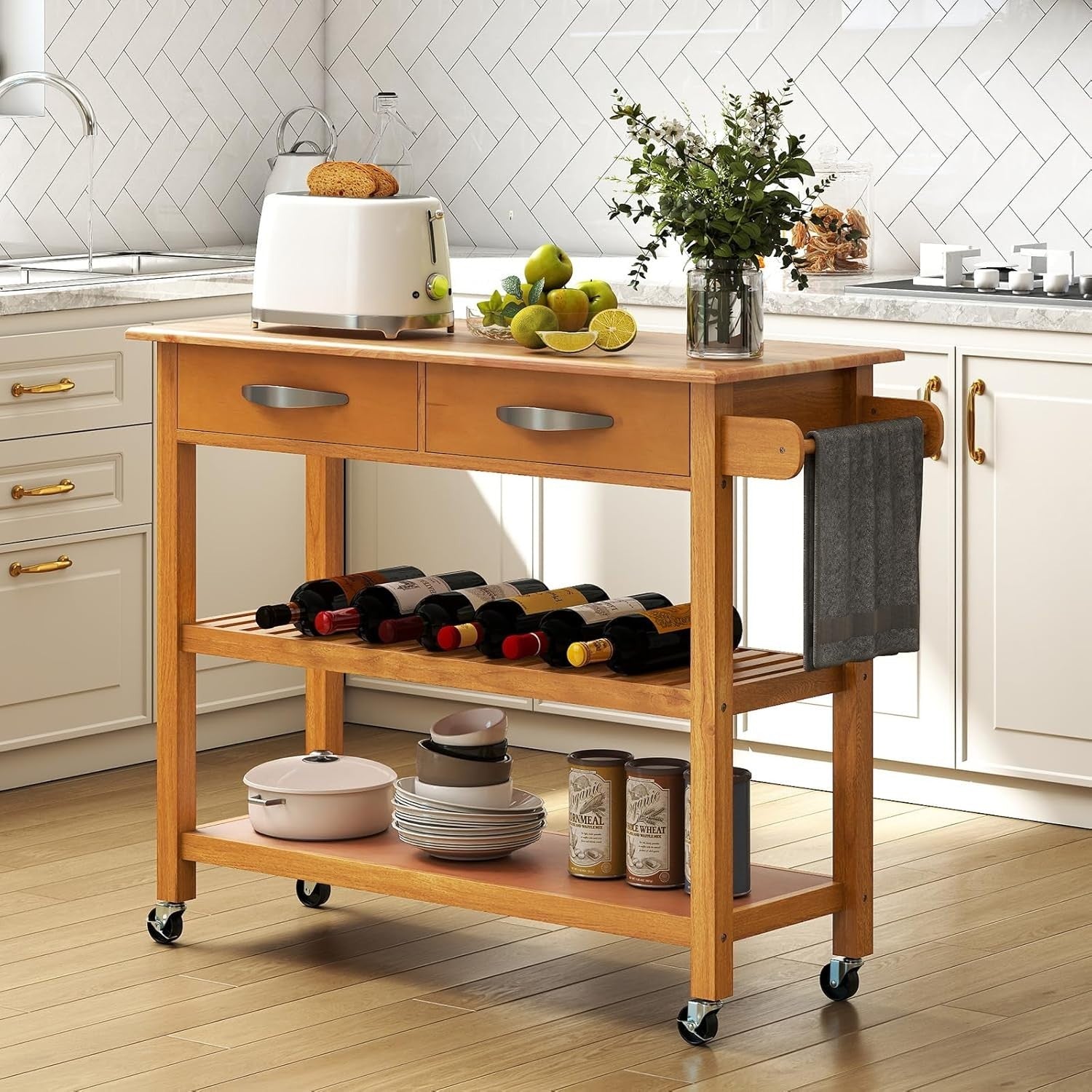 Natural Wood Kitchen Island Trolley 116x43x89cm w/ Drawers & Wheels