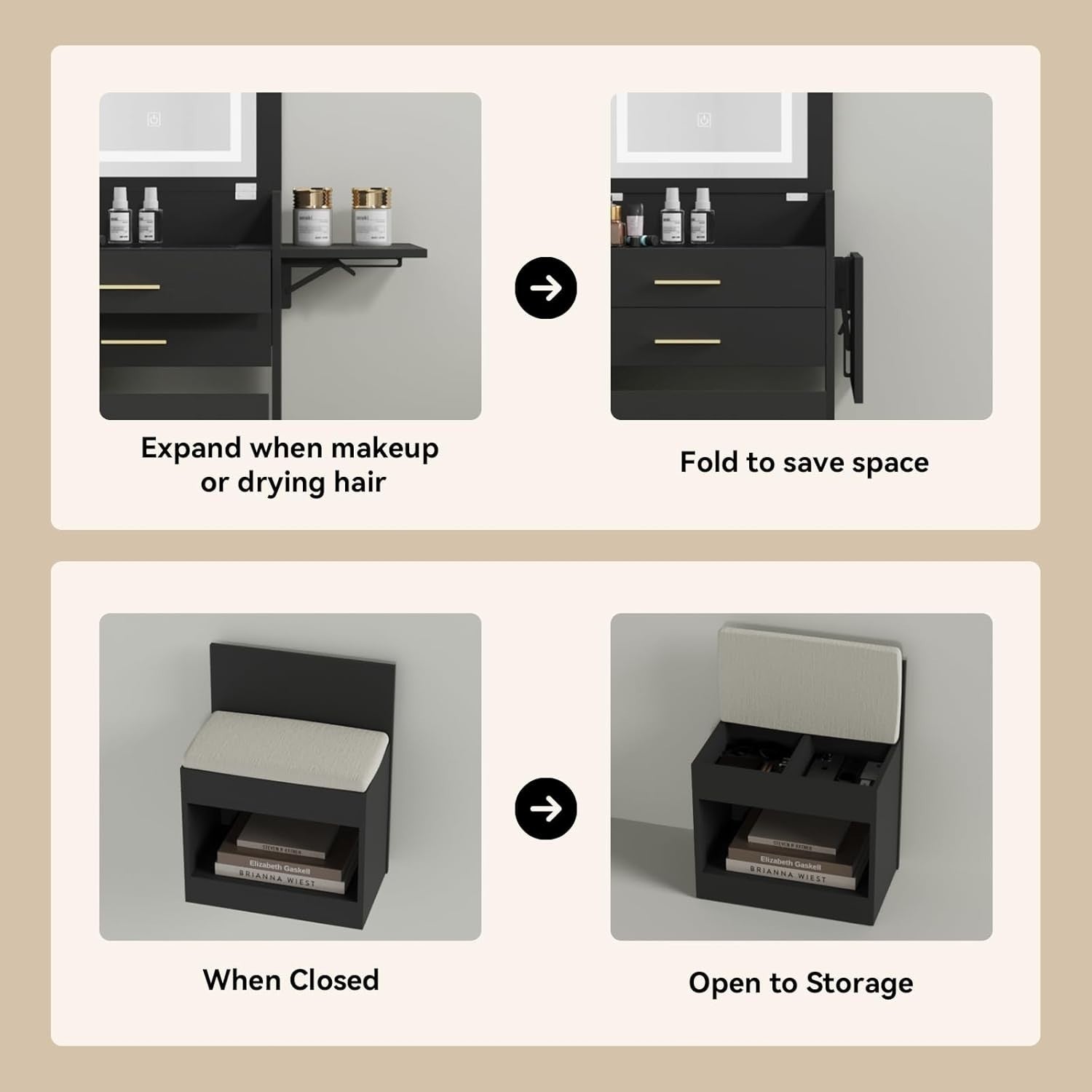 Black Foldable Vanity Desk w/ Lighted Mirror & Stool Small Space 2 Drawers
