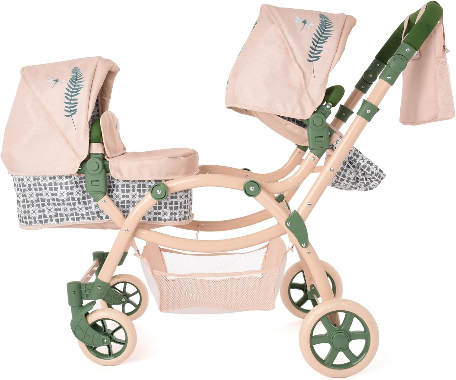 Eco Twin Dolls Pram Adjustable Handle 69–84cm, Recycled Fabric Toy 3+