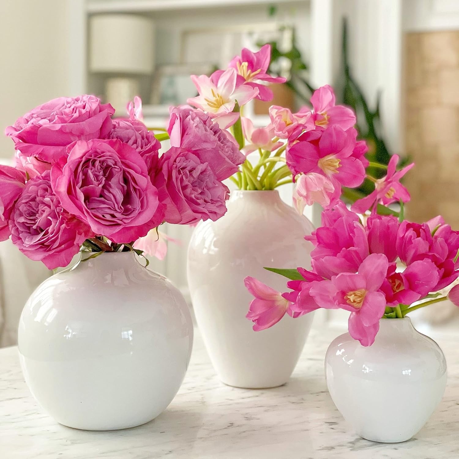 White Ceramic Round Vase 19cm Glossy Flower Pampas Grass Home Decor