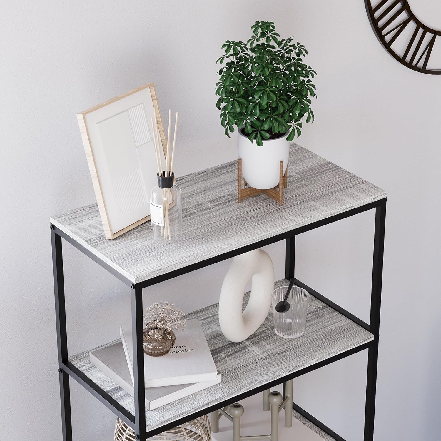 5-Tier Industrial Bookcase Black Metal Frame Wooden Shelving Display Unit