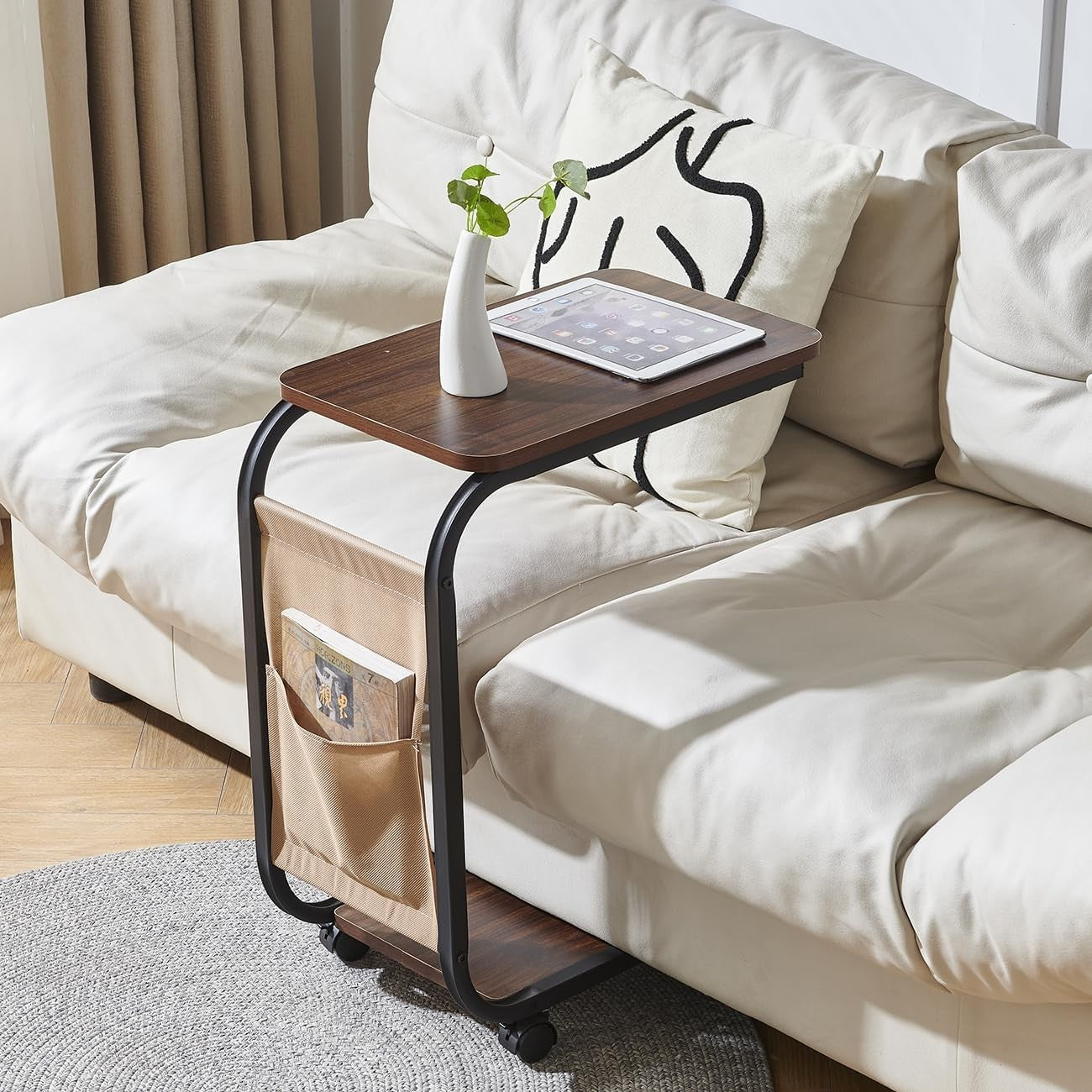 Mobile Brown C-Shaped Side Table with Wheels & Storage Basket for Sofa
