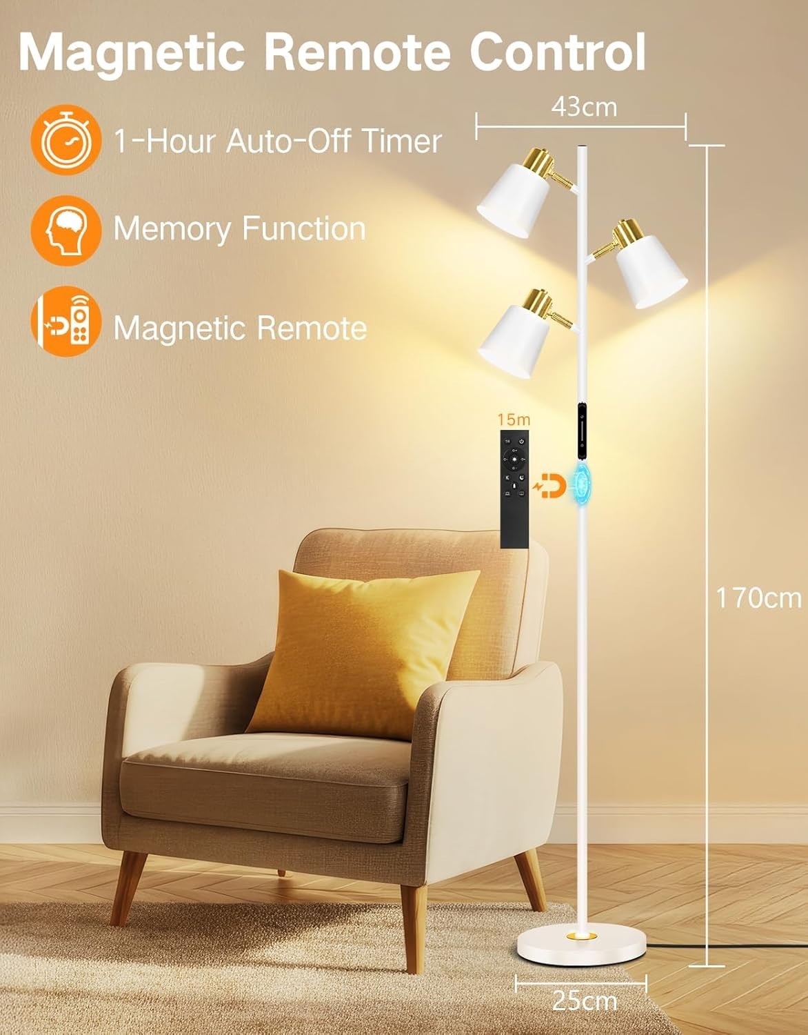 Dimmable LED Floor Lamp with Remote, 4 Color Temps, Adjustable & Sturdy