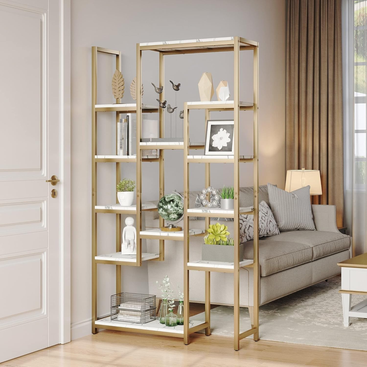 Modern Gold & White 6-Tier Bookcase | 12-Shelf Open Display Storage Unit