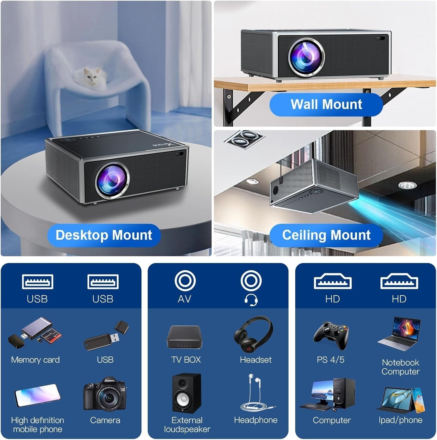 1000 ANSI Smart Projector 1080p 4K Support Android TV WiFi Bluetooth