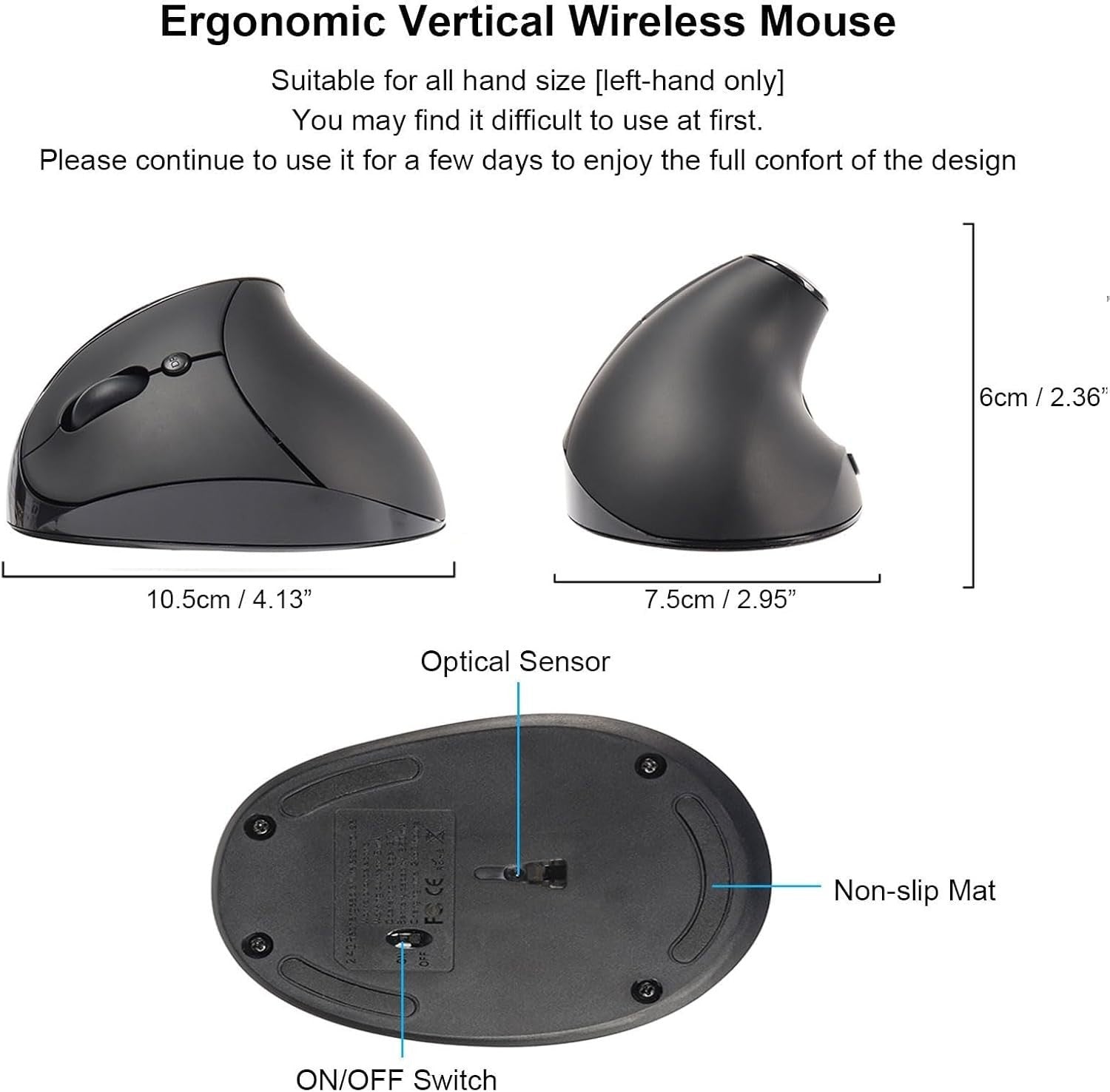 Left Hand Vertical Wireless Mouse Rechargeable 1600 DPI 6 Buttons