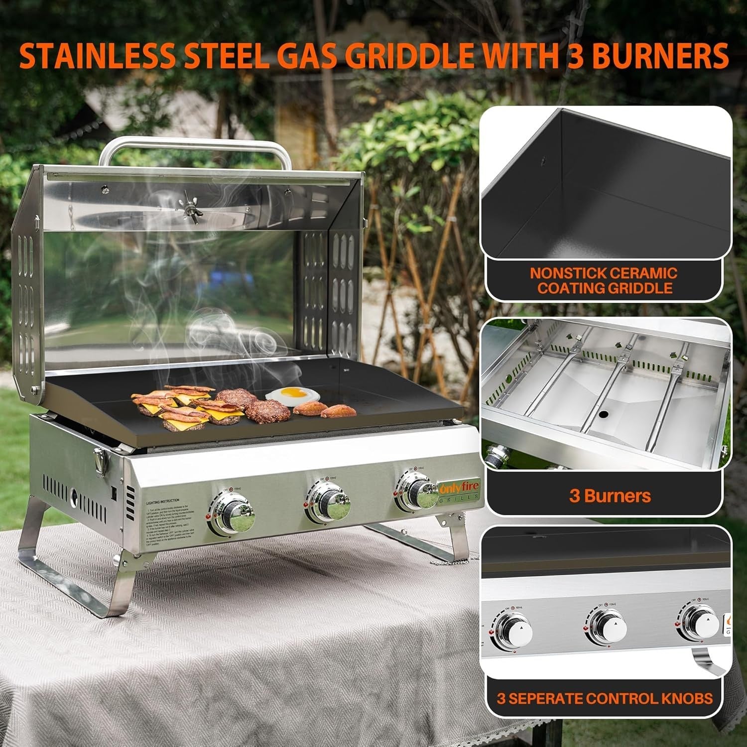 Portable 3 Burner Gas BBQ Plancha Grill with Lid & Thermometer