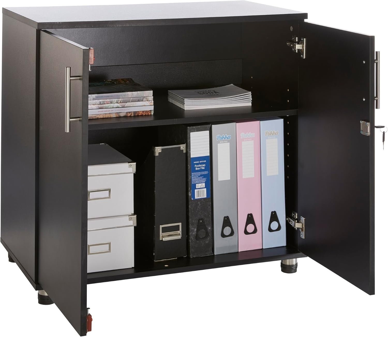 Black Storage Cabinet with Lock Doors 2 Tier Cupboard Adjustable Shelves