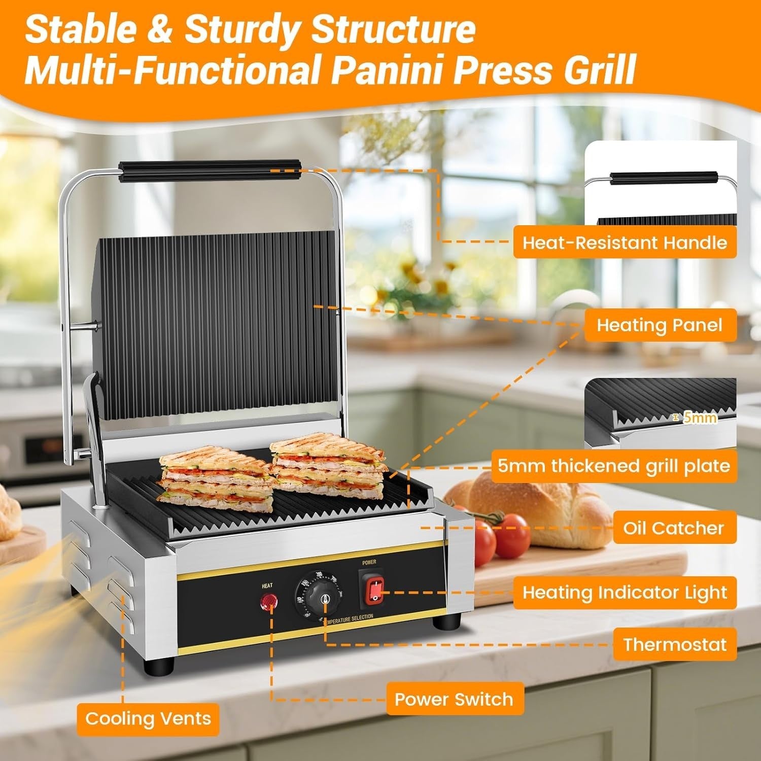 Commercial Electric Panini Press Grill Non-Stick Cast Iron Plate 2200W