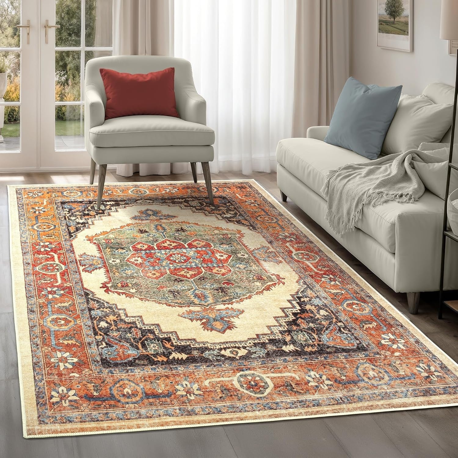 Washable Rug 122x170cm Non-Slip Short Pile Vintage Olive Pumpkin Area Carpet