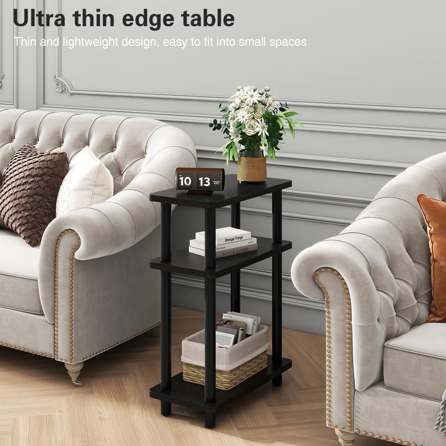 Slim 3-Tier Narrow Side Table with Storage Shelves, Black, Compact 40x18x62 cm