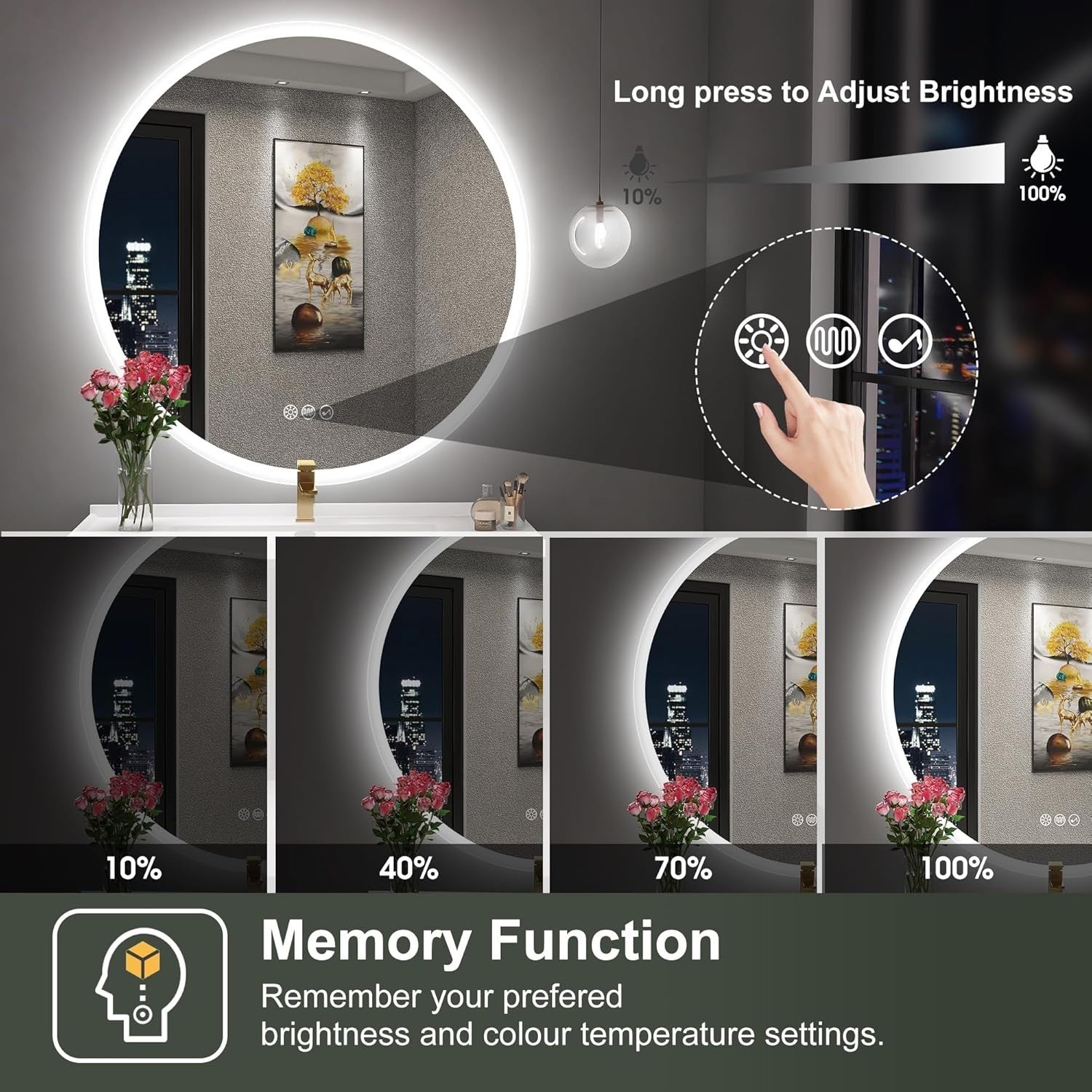 LED Bluetooth Bathroom Mirror 80x80cm with Anti-Fog & Memory Light