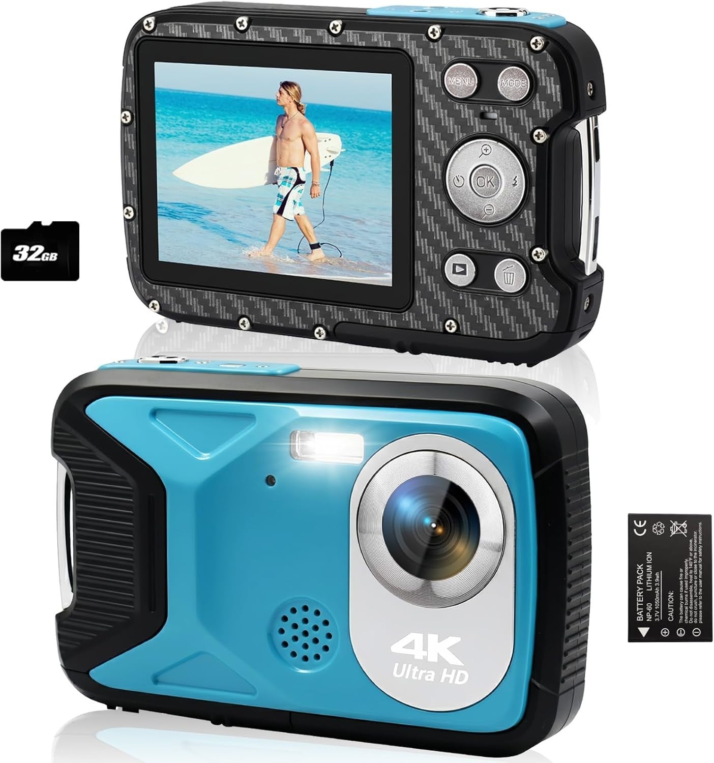 4K Waterproof Digital Camera 18X Zoom Snorkeling Camera w/32GB