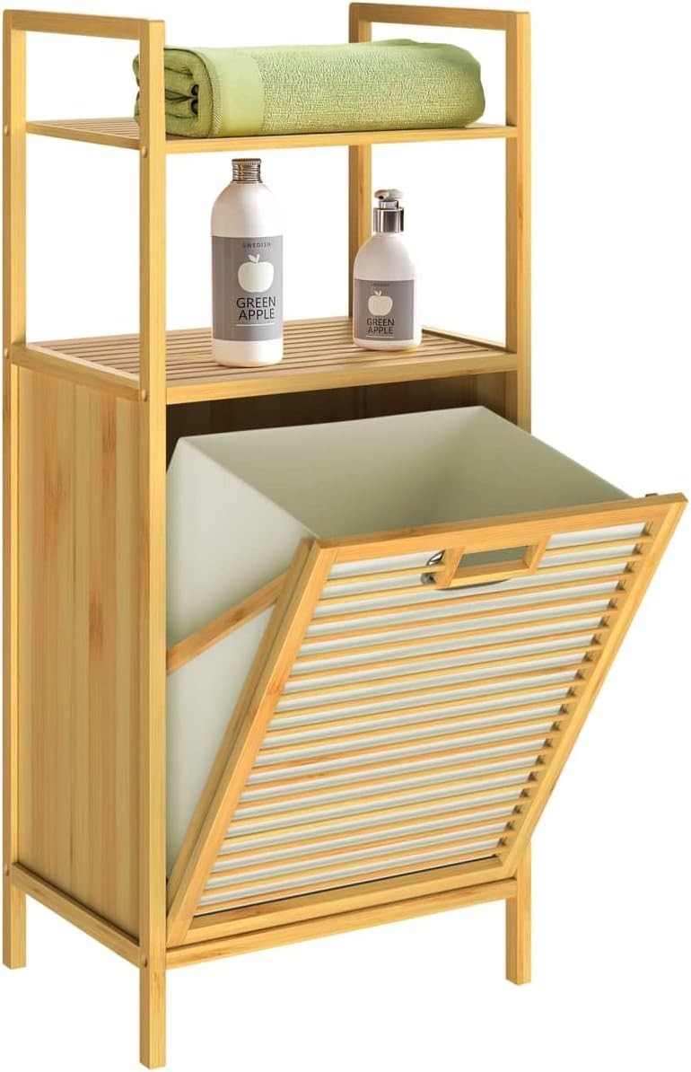 Laundry Basket Cabinet Bamboo Storage Shelf Bathroom Organiser 2 Shelves