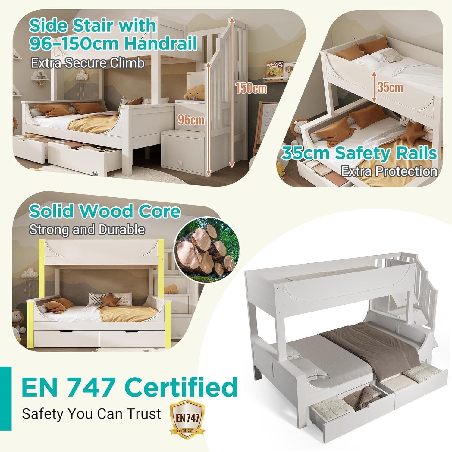 Space-Saving Double Bunk Bed with Storage Drawers & Stairs, Kids Safe