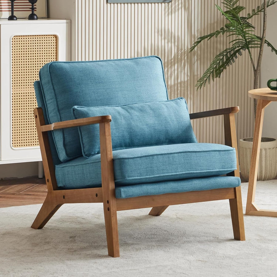 Blue Accent Armchair Solid Wood Lounge Chair Wide Arm Cushioned